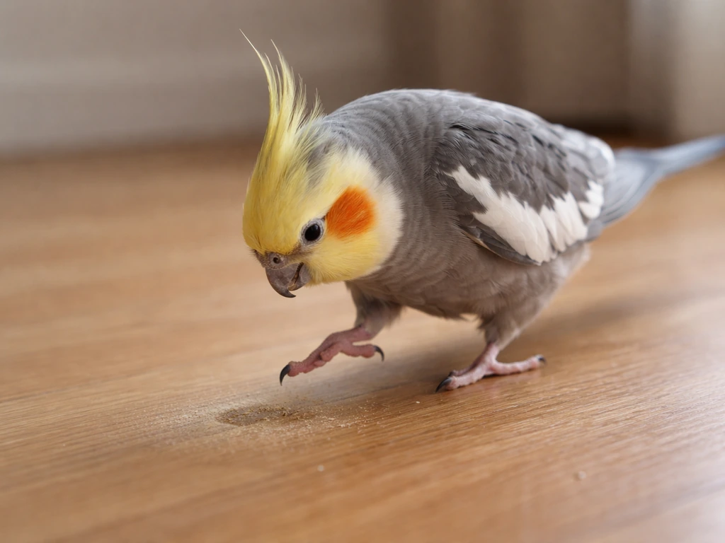 A tense small bird repeatedly targets the same spot on a wooden floor with one foot.