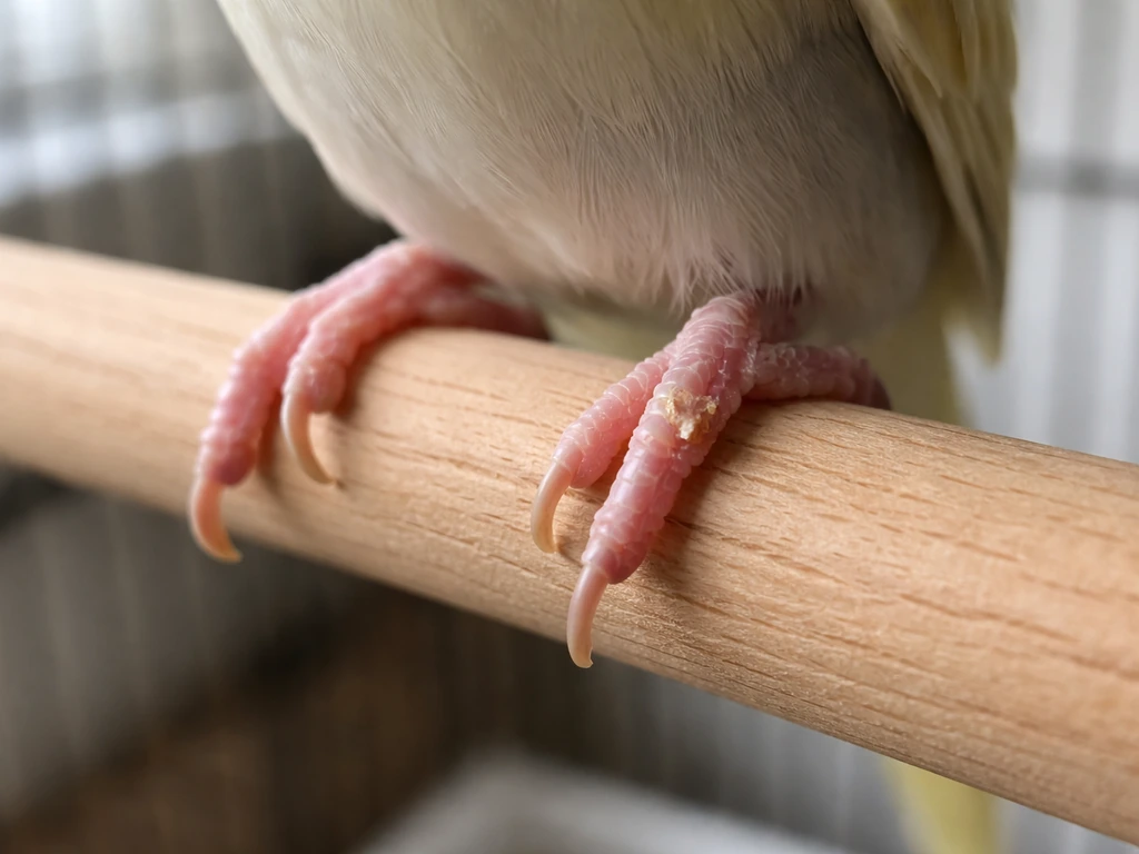 Close-up of a small bird’s feet on a perch showing subtle redness and crusting cues.