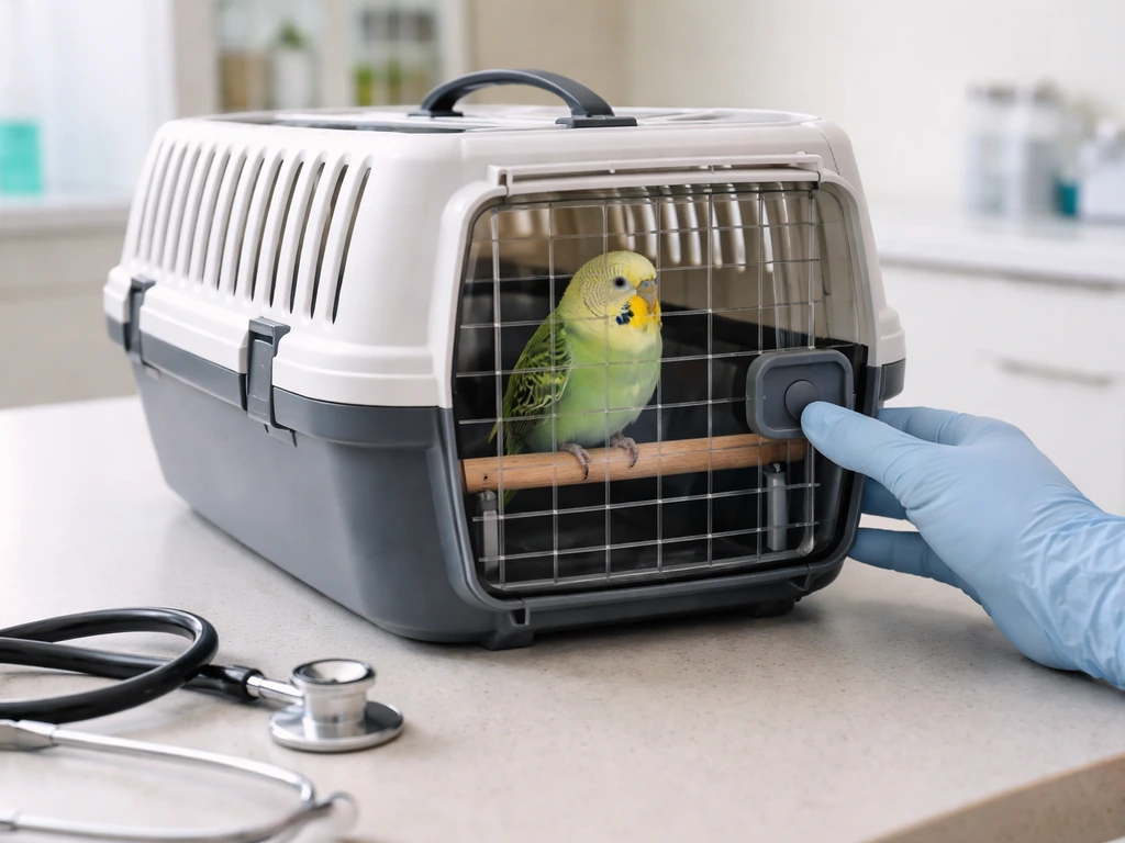 Small pet bird in a safe carrier as a veterinarian’s gloved hand and stethoscope check near it.
