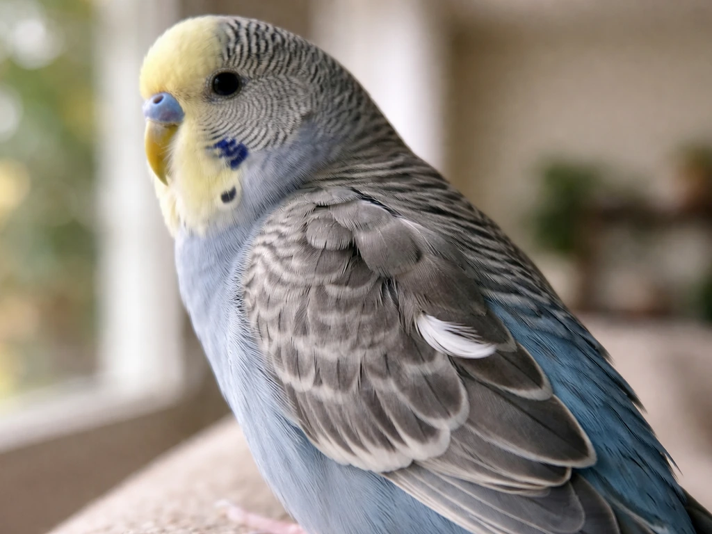 Close-up of a pet bird with one feather slightly sticking out, surrounding feathers neat and orderly.