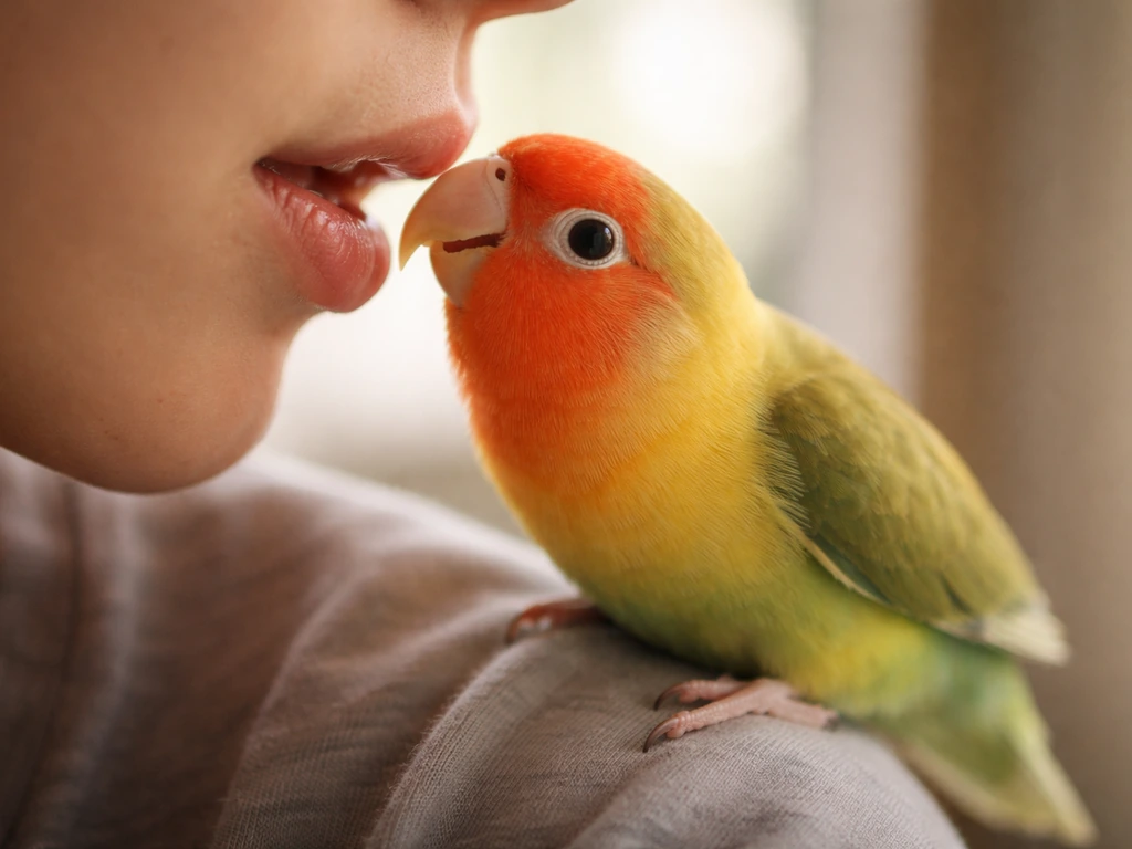 Small pet bird fixating on the person’s lips with beak near mouth, close-up and intense focus.