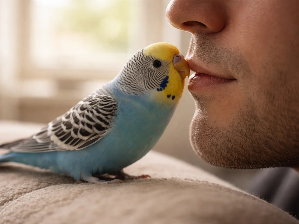 A budgie gently taps an owner’s lips while perched nearby in warm natural light.