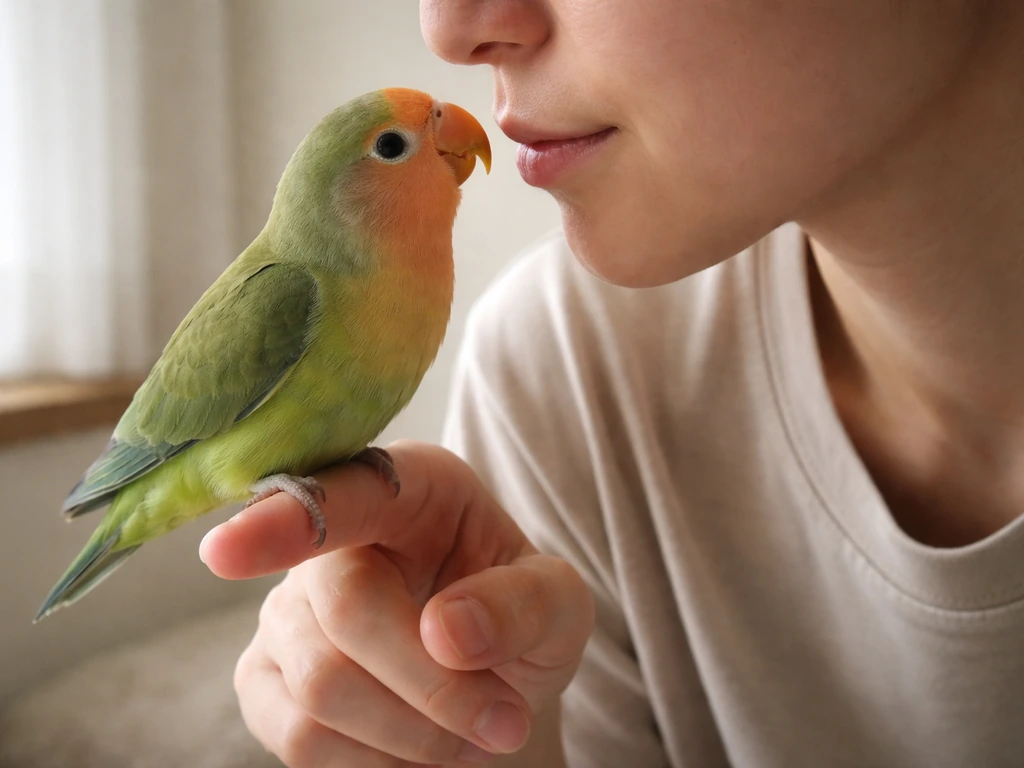 Small parrot perched on a finger close to an owner’s face, calm and courtship-like focus.