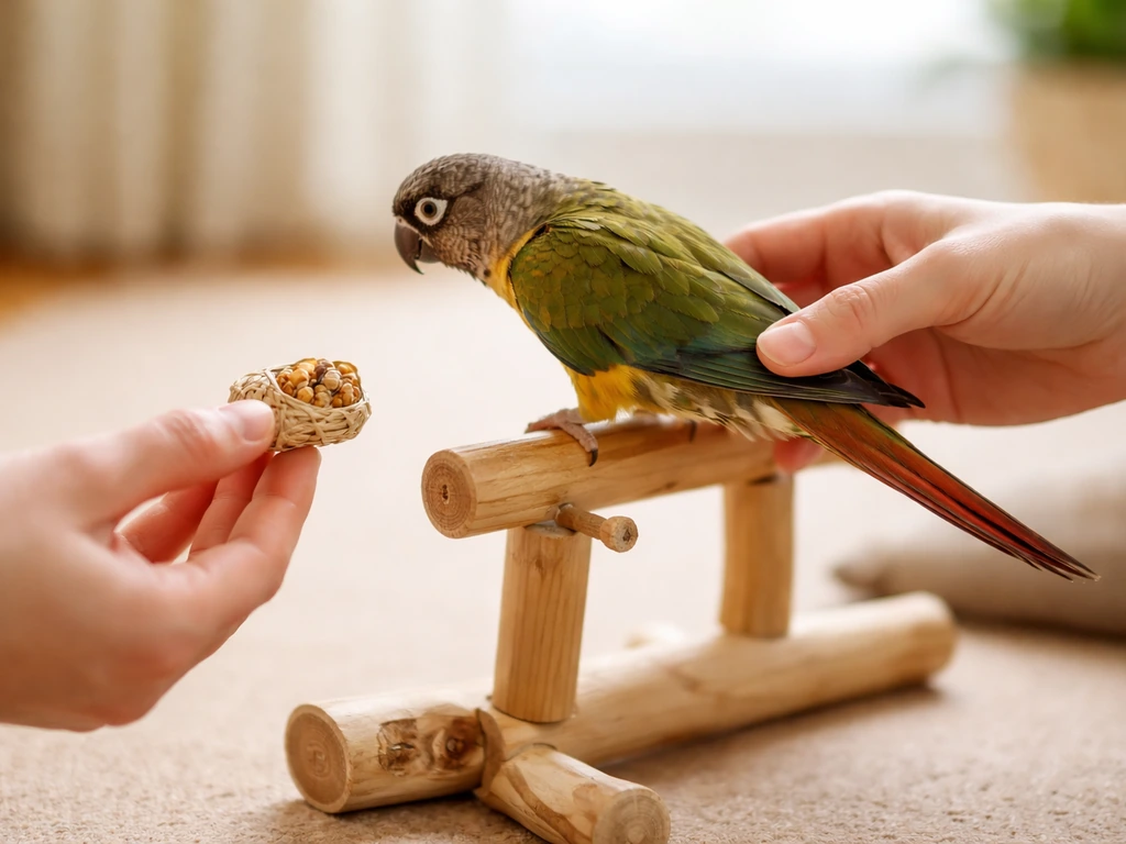 Adult hands guide a small parrot from face level to a nearby perch, offering a chew treat.