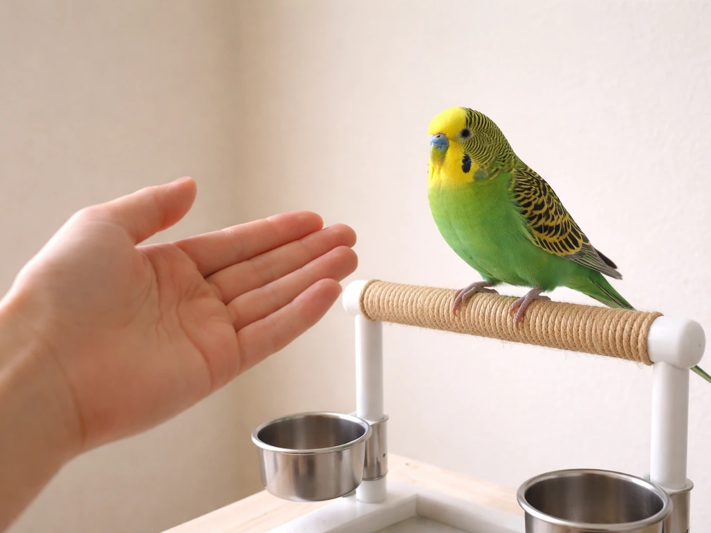 Hand held beside a small perch as a pet bird practices a strong step-up cue indoors.