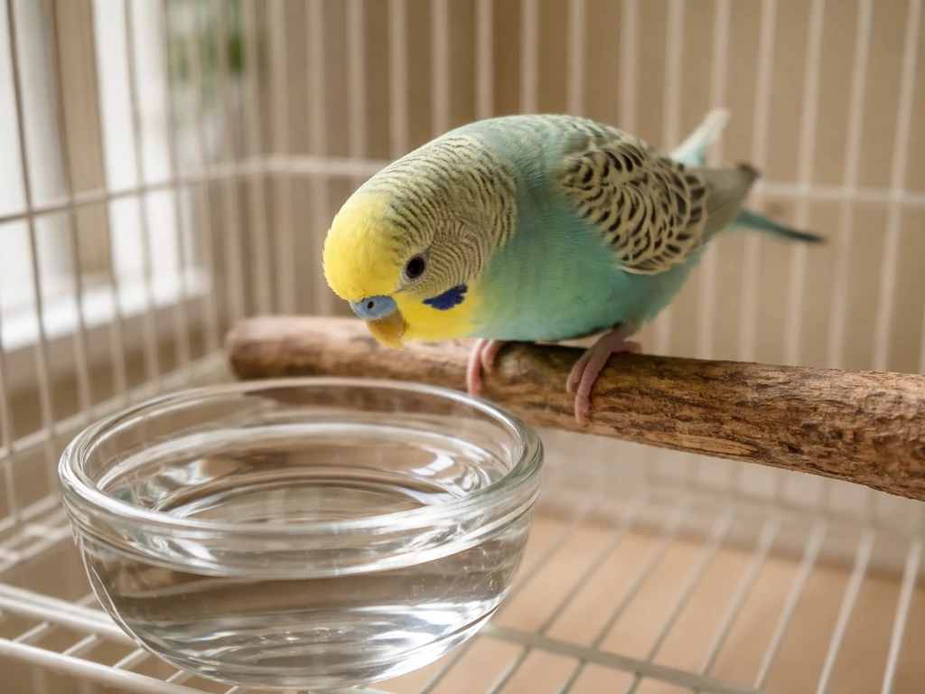 A small pet bird leans toward a water dish, showing it investigating and drinking potential