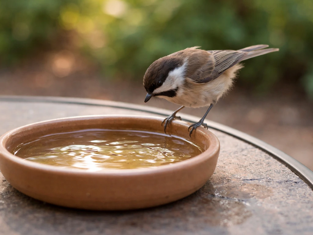 Small bird hovering and perching beside a shallow water dish on a patio, suggesting repeated thirst visits.