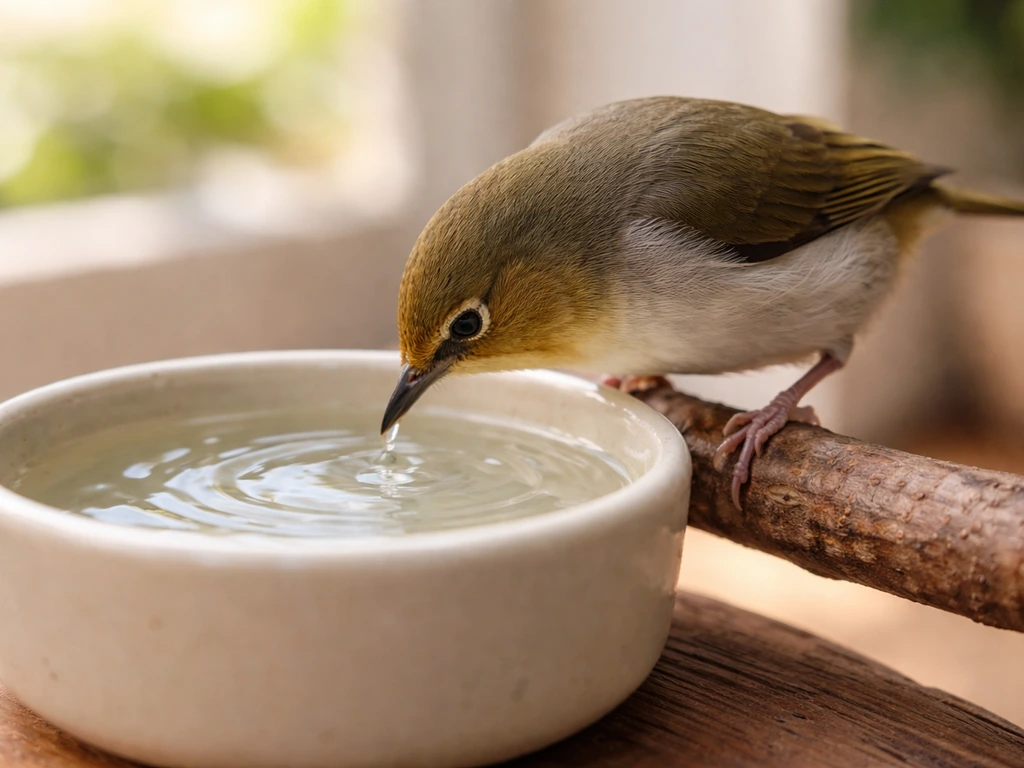 Close-up side view of a small bird dipping its beak into a water dish as it swallows.