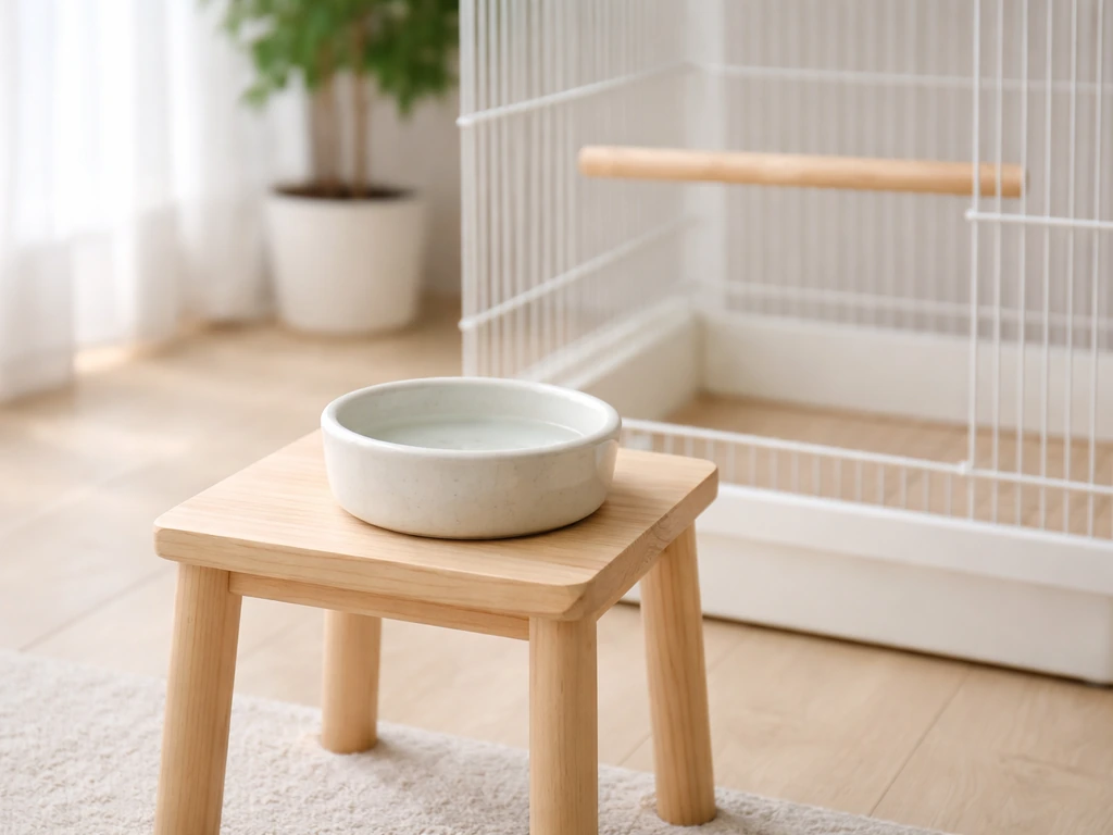 Close view of a bird water dish at comfortable height with an open path from the perch.