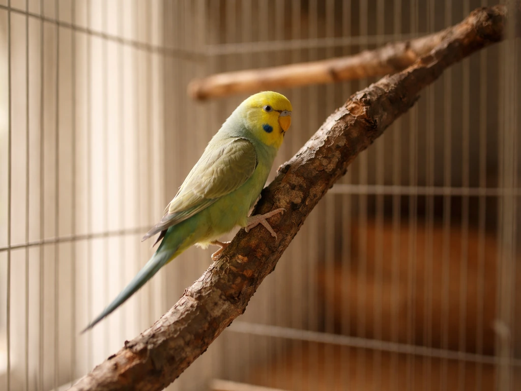 Small bird climbing on a natural wood branch inside a simple birdcage.