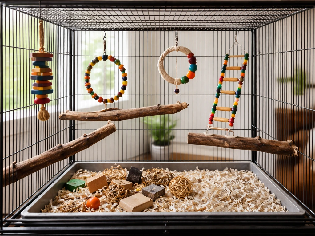 Side view of a properly enriched bird cage with varied perch heights, foraging area, and distributed toys.