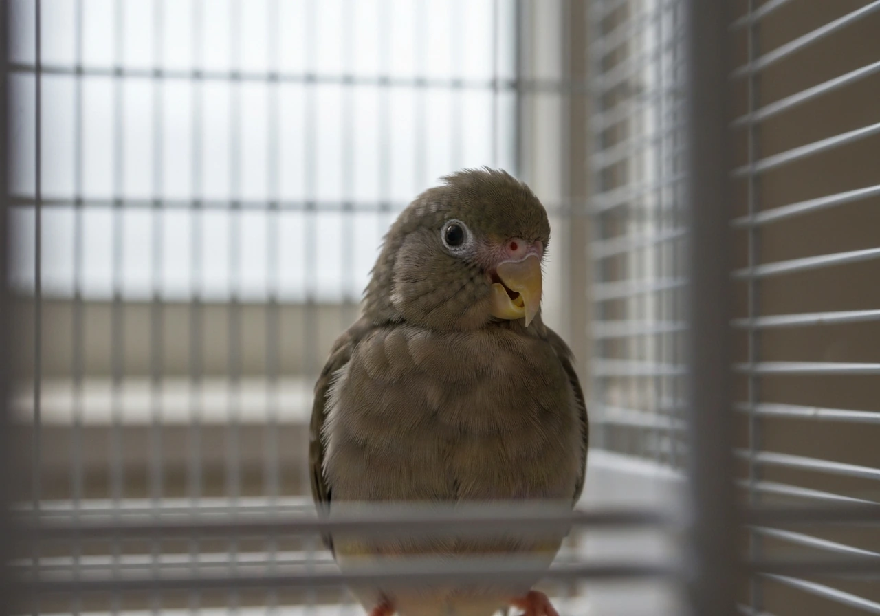 Close-up of a small pet bird in a quiet cage with slight open-mouth, strained breathing posture.