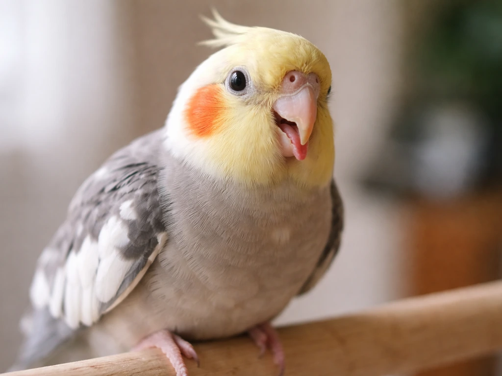 Close-up of a small pet bird perched calmly with its tongue slightly sticking out.