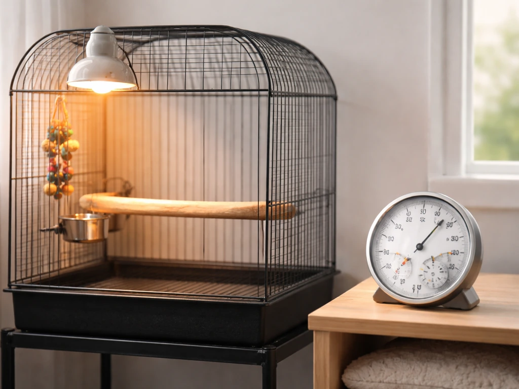 Bird perch setup with a thermometer/hygrometer beside the cage showing warm vs cool lighting.