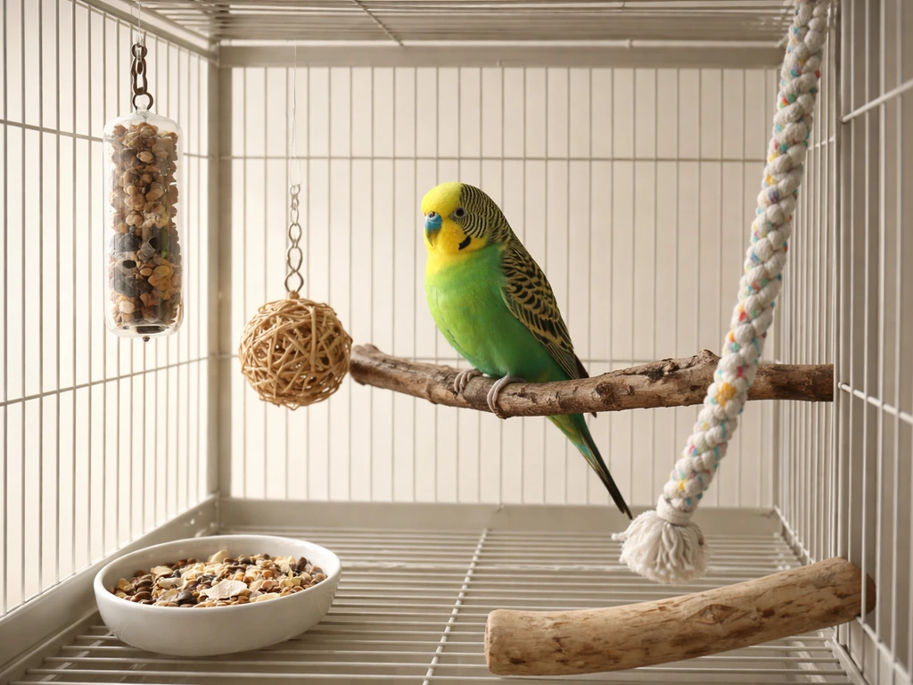 Budgie in a simple enrichment setup with foraging toys and a small perch near the cage bars